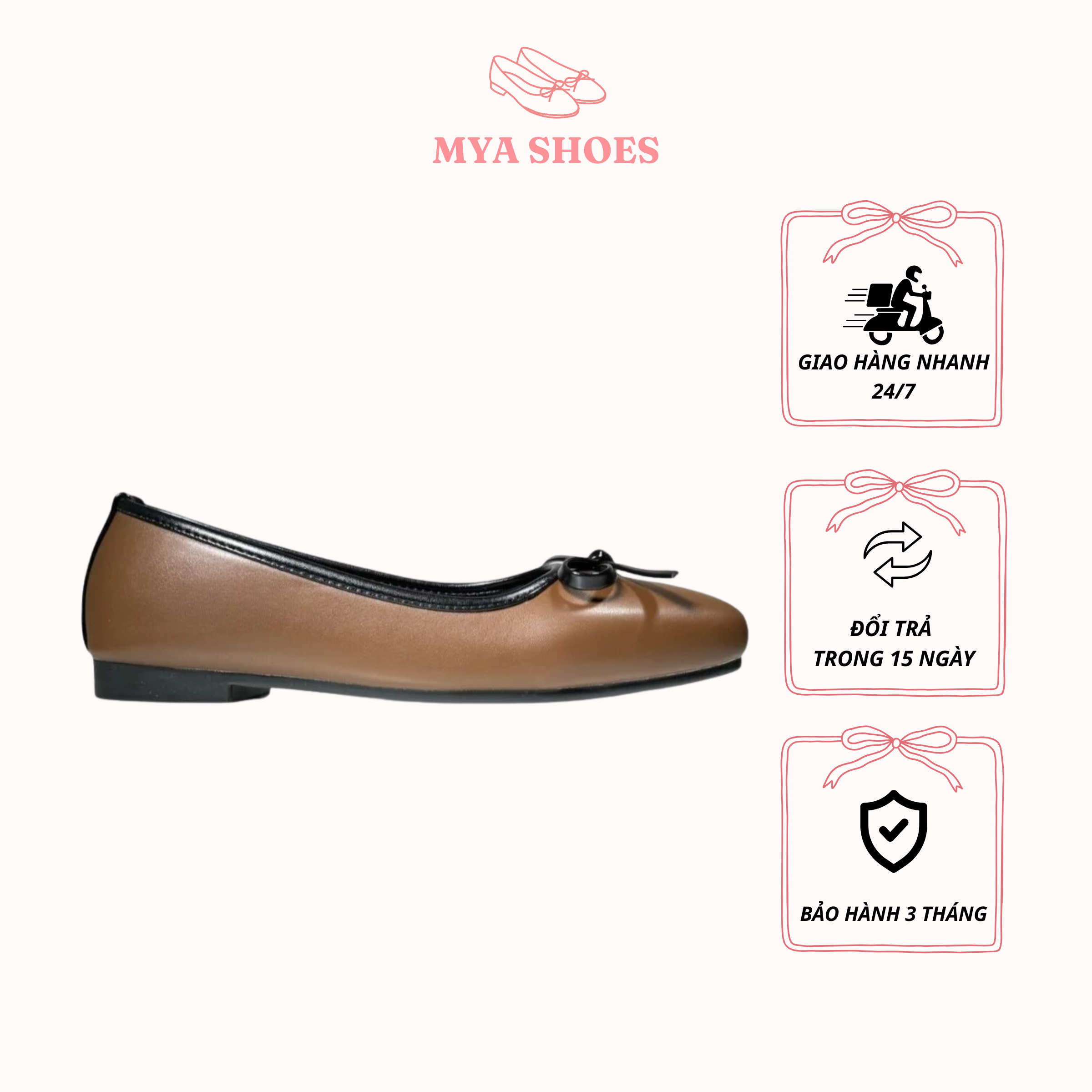 Giày MYA SHOES búp bê nơ xỏ chân màu nâu ấm áp, cổ điển