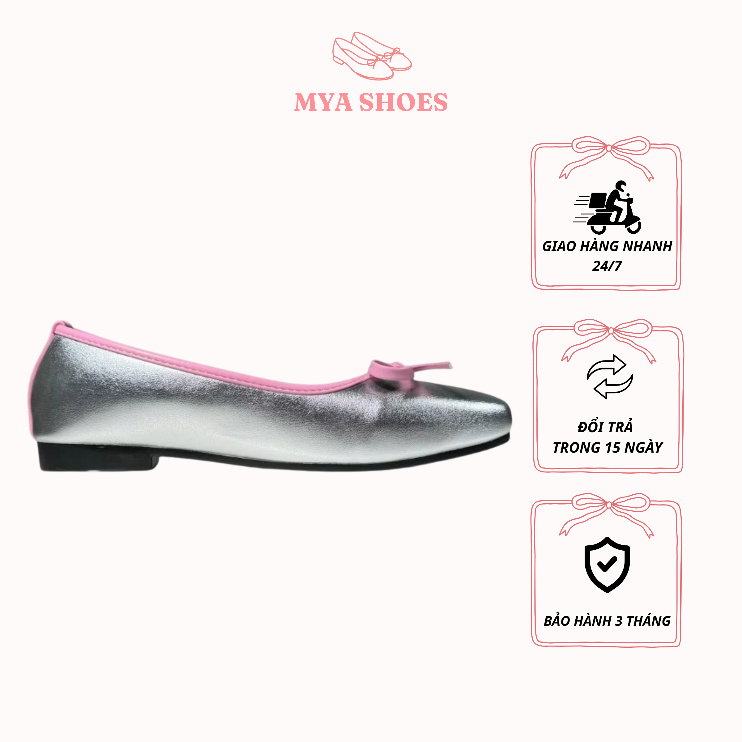 Giày MYA SHOES búp bê nơ xỏ chân màu xám thanh lịch, dễ phối