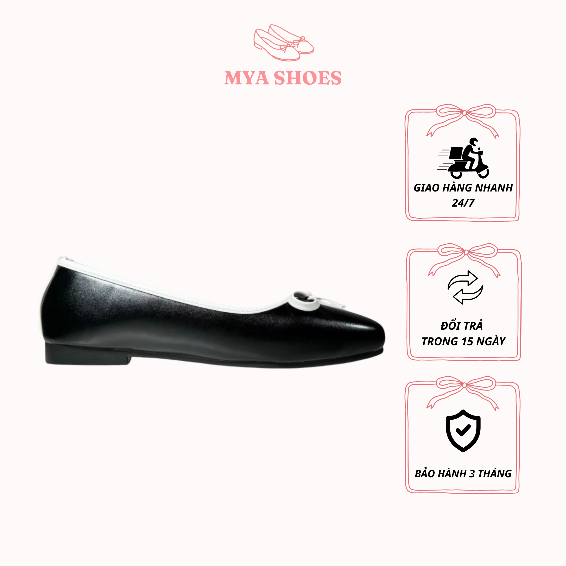 Giày MYA SHOES búp bê nơ xỏ chân màu đen basic, thanh lịch
